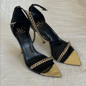 Jennifer Lopez Black and Gold Chain Heels